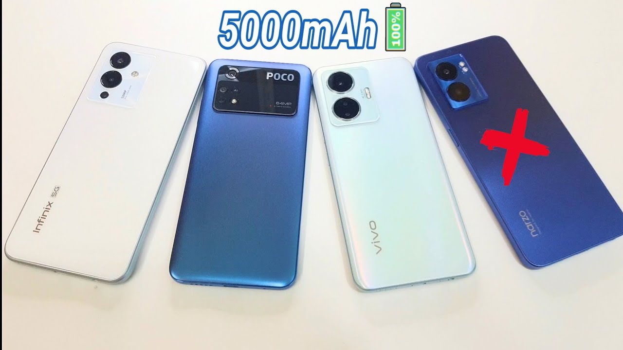Infinix Note 12 5G vs POCO M4 Pro 4G vs Narzo 50 5G vs VIVO T1 44w - 🔋Full Battery Drain Test.
