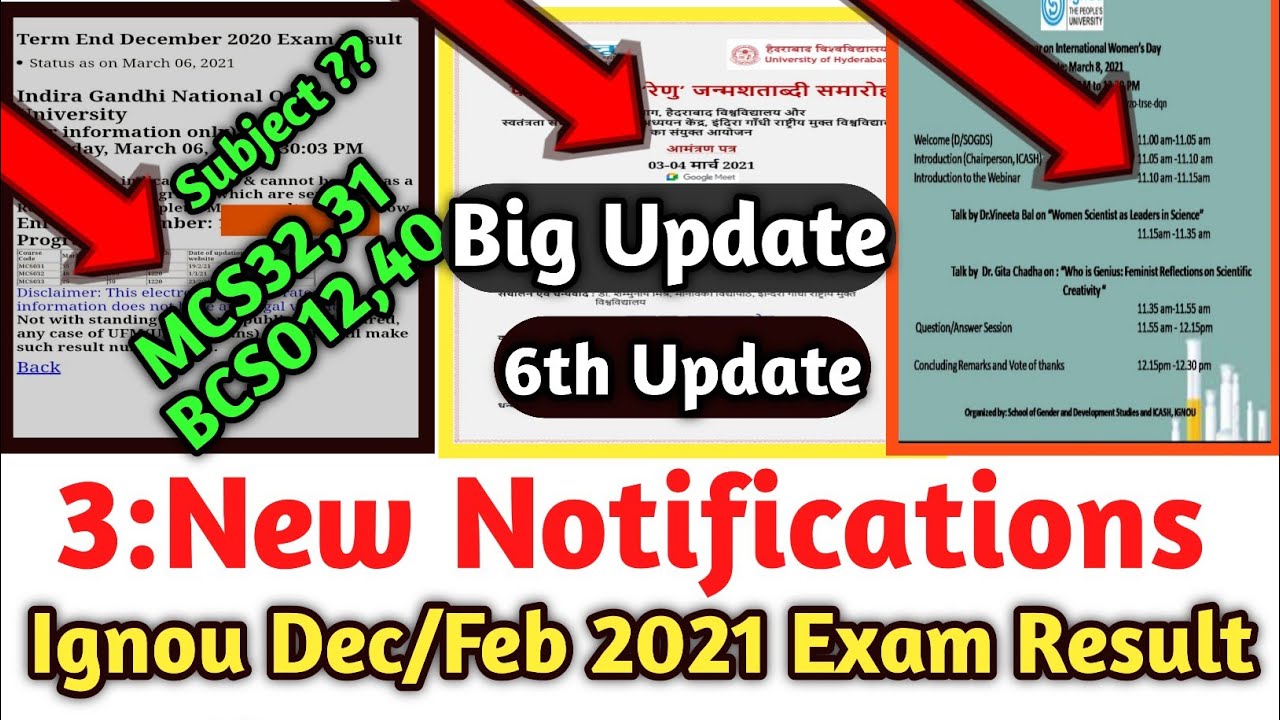 Ignou 3 new notification|ignou result update 2020|ignou dec/feb 2021 exam result 6th update declare
