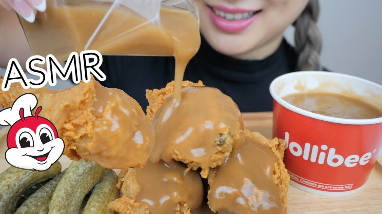 JOLLIBEE Jolly FRIED Chicken with GRAVY and Pickles *NO Talking Eating Sounds | N.E Let's Eat