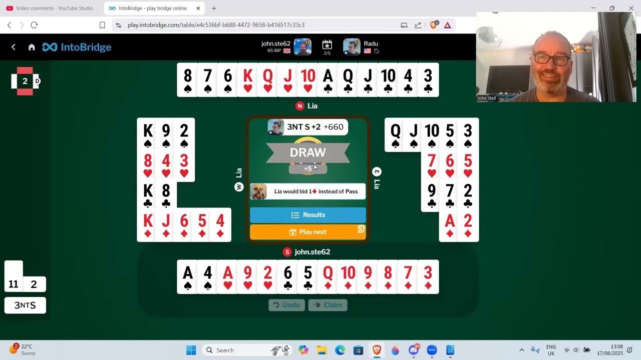 5 hands against a top bridge player Radu Nistor - 17th August 2025