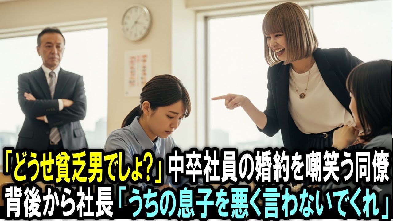 「どうせ相手は貧乏男でしょ？」中卒の私の婚約を嘲笑う同僚　背後から社長が一言「うちの息子を悪く言わないでくれ」