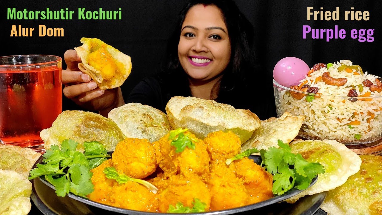 Eating Motorshutir Kochuri + Alur Dom + Fried Rice | ASMR Mukbang Green peas Kachori with Dum Aloo