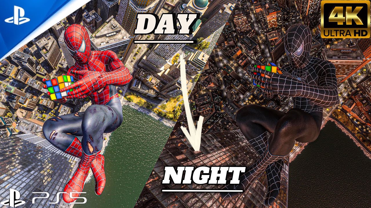 Tobey Maguire suits transition day and night black webbed 4k realistic graphics PS5
