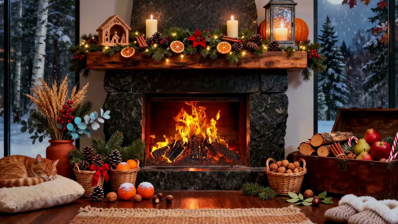Christmas Fireplace Ambience 🎄🔥 Cozy Crackling Fire & Winter Night for Sleep