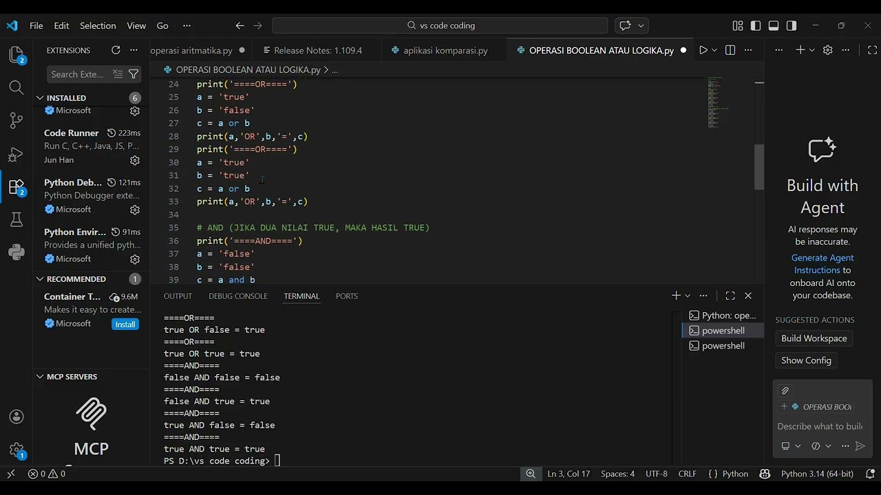 OPERASI BOOLEAN ATAU LOGIKA PY VS CODE 18. MOH. BAYU DWI F ; TD 1.7