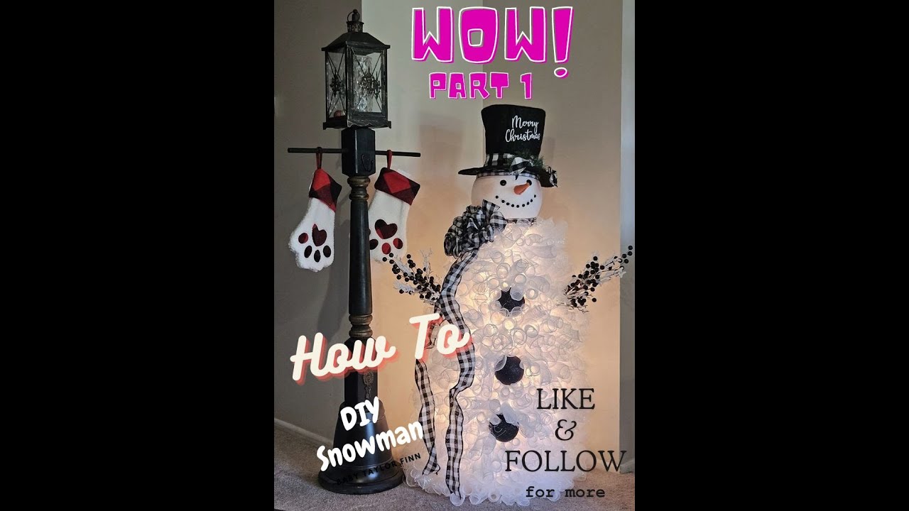 How to tutorial on how to make a lit Holiday Snowman from deco mesh and tomato cage
