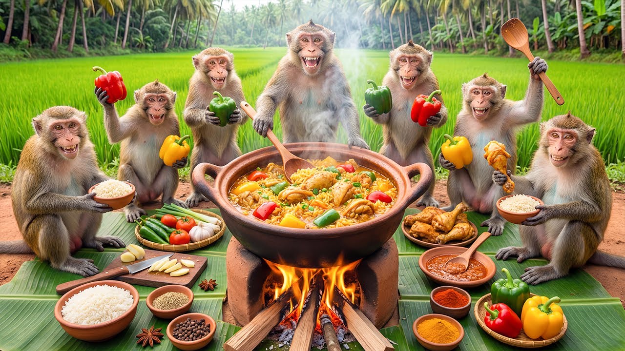 बंदरों ने बनाया रंगीन चिकन राइस! 🐒🍗| Monkeys Cook Colorful Chicken Rice Outdoors