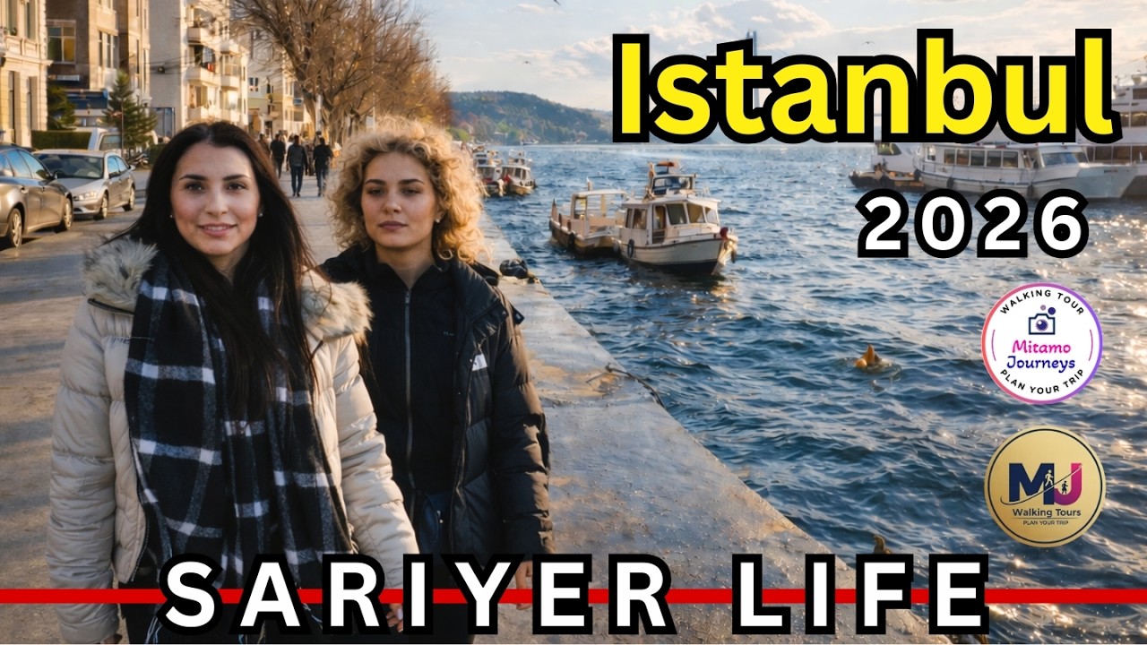 Istanbul Sarıyer Coast Walk 4K HDR | Bosphorus Cafes, Fishing Boats & Street Life