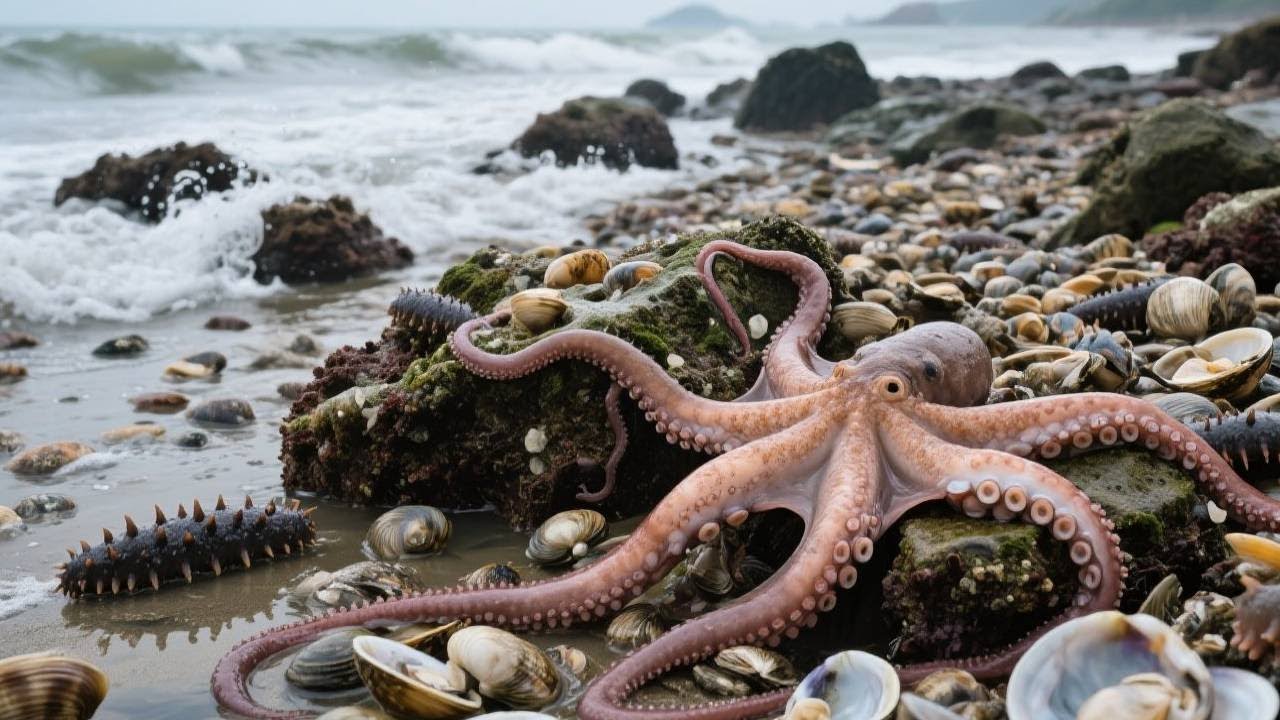 🌊牛隻趕海輕鬆爆桶，成群的章魚撿不停，竟還有值錢海參比手掌還大【牛牛趕海海鮮】