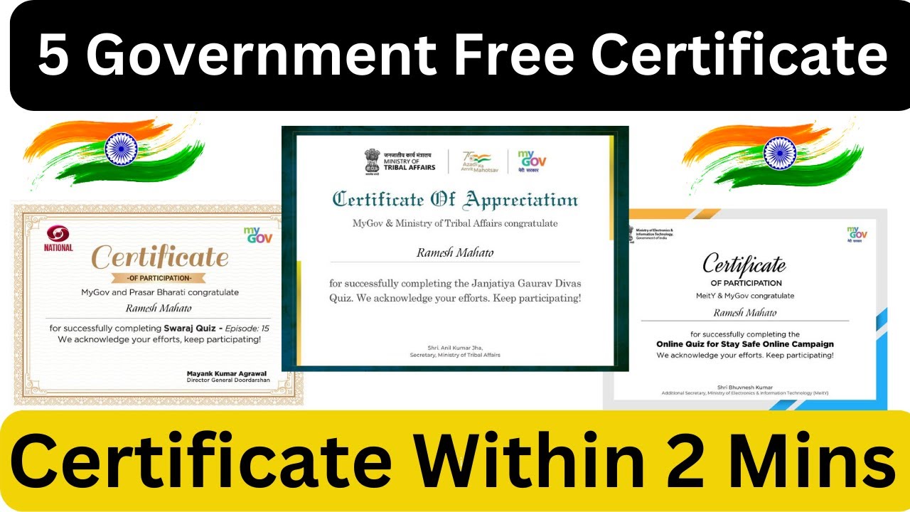 5 Government Free Certificate | Government Certificate | Online Certificate Quiz By Government