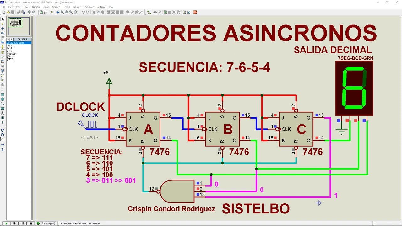Contador Asíncrono con Flip-Flop J-K TTL7476 secuencia 7-6-5-4 [sistelbo.cd54]