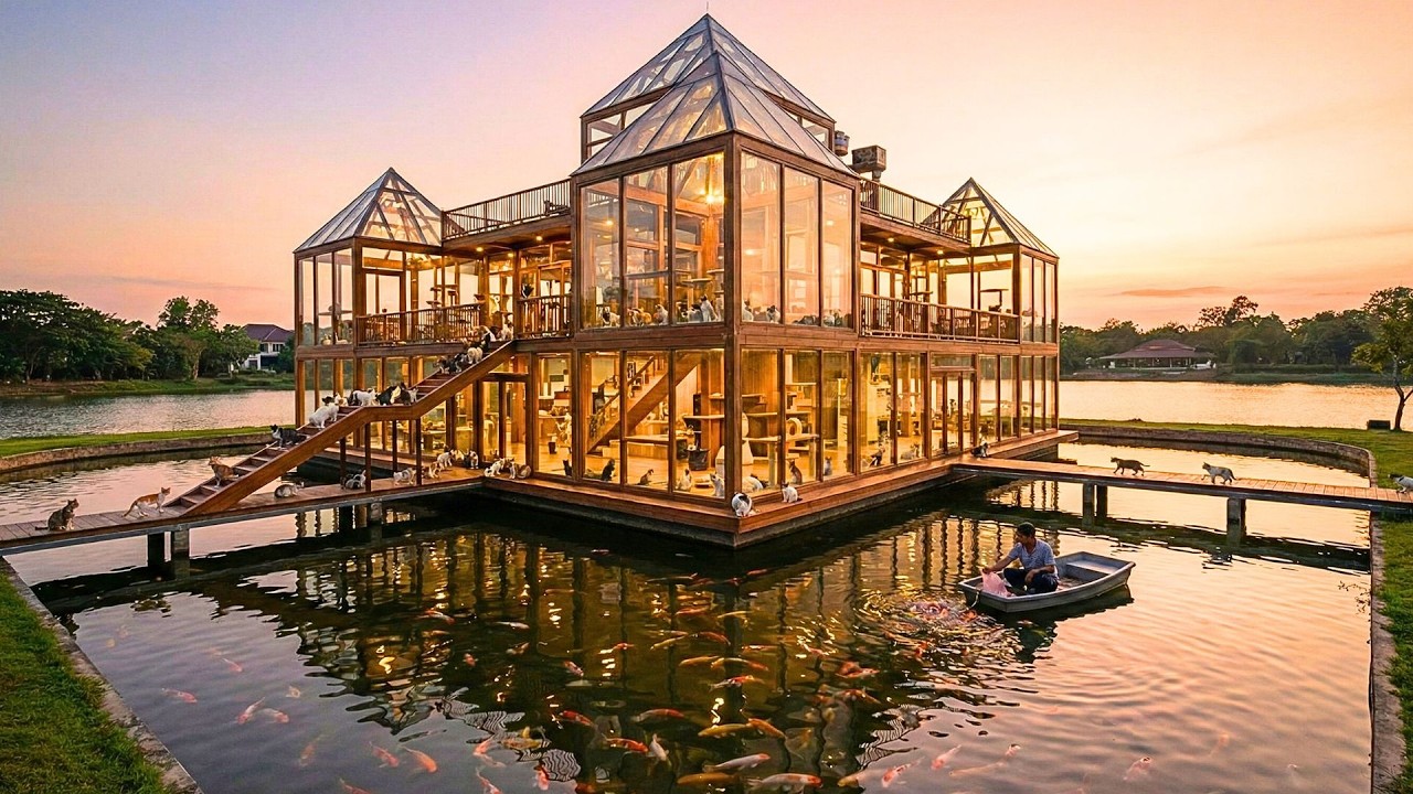 I built a 10-story floating glass castle with a fish moat for 50 stray cats (ASMR)