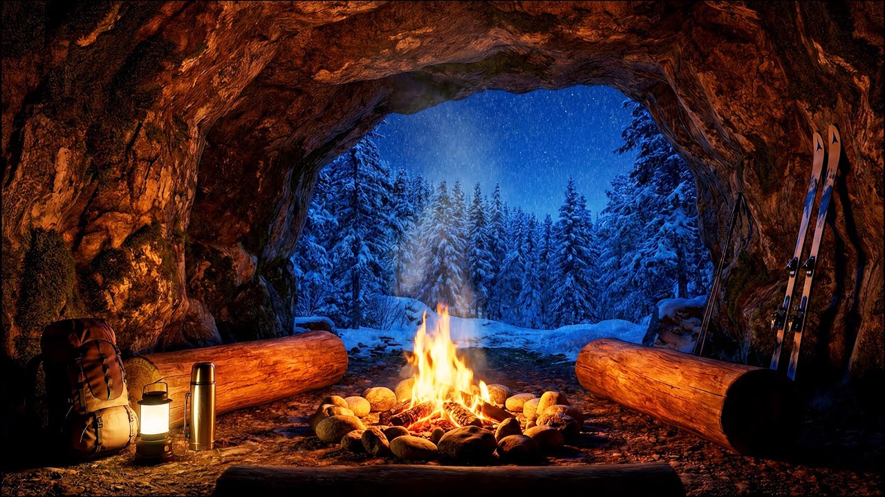 Cozy Winter Cave with Crackling Fire 🔥 | Snowy Forest Ambience for Sleep & Relax | 4K