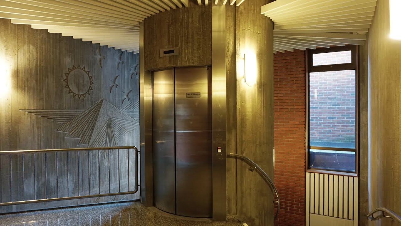 Pneumatic doors! cylindrical Reber Schindler (DEVE) holeless hydraulic elevator @ NIH, Oslo, Norway
