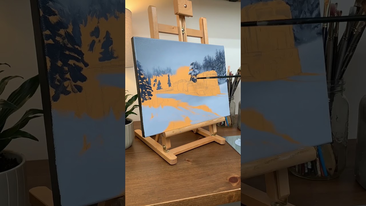 Day 1: Starting a Winter Train Landscape Painting 🚂❄️#oilpainting #speedart #timelapse
