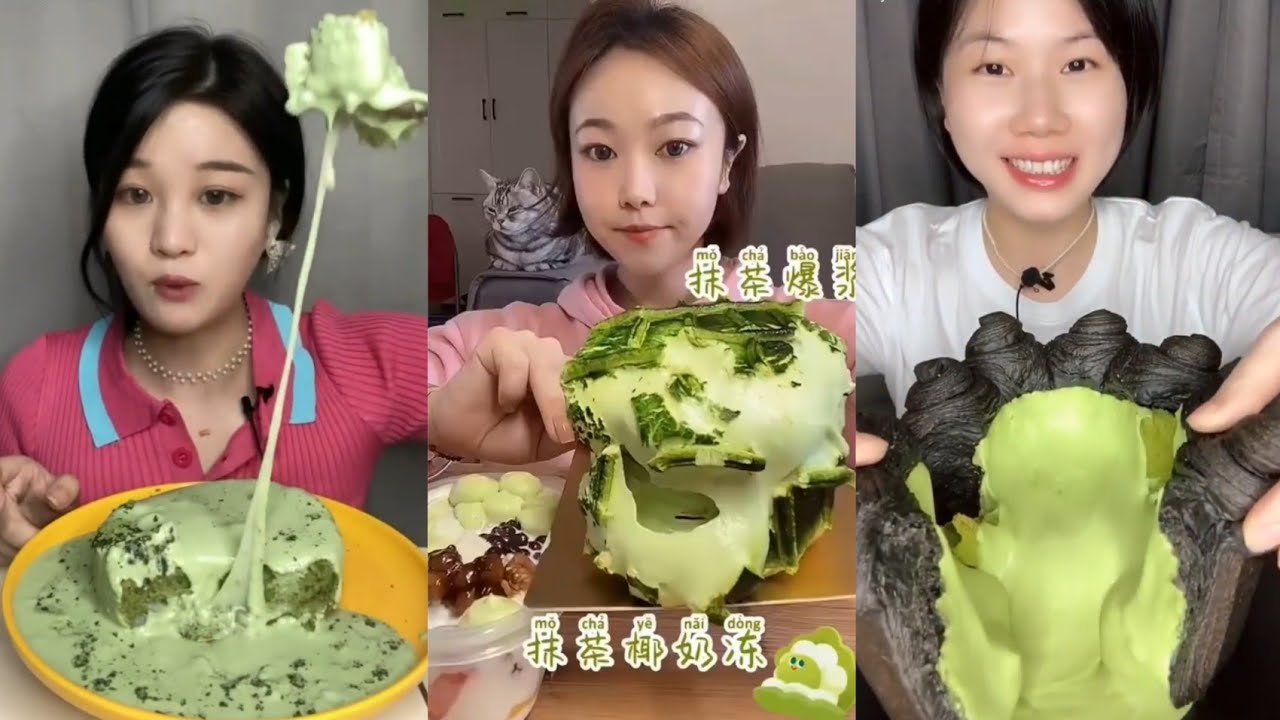 Asmr Chinese Matcha Lava Cake Dessert 말차, Matcha cream cake Mukbang ||Kwai ASMR || Taste Cravings