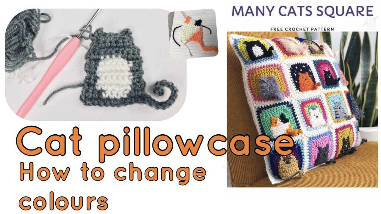 How to crochet Cat Pillowcase Cushion Cover with Easy Granny Square. 2 coloured cat change colours.