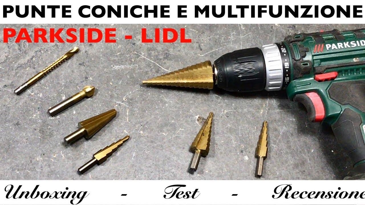 Punte coniche a gradino. Set multifunzionale lidl parkside. Fresa legno. Svasatore metallo PSB 6 A1