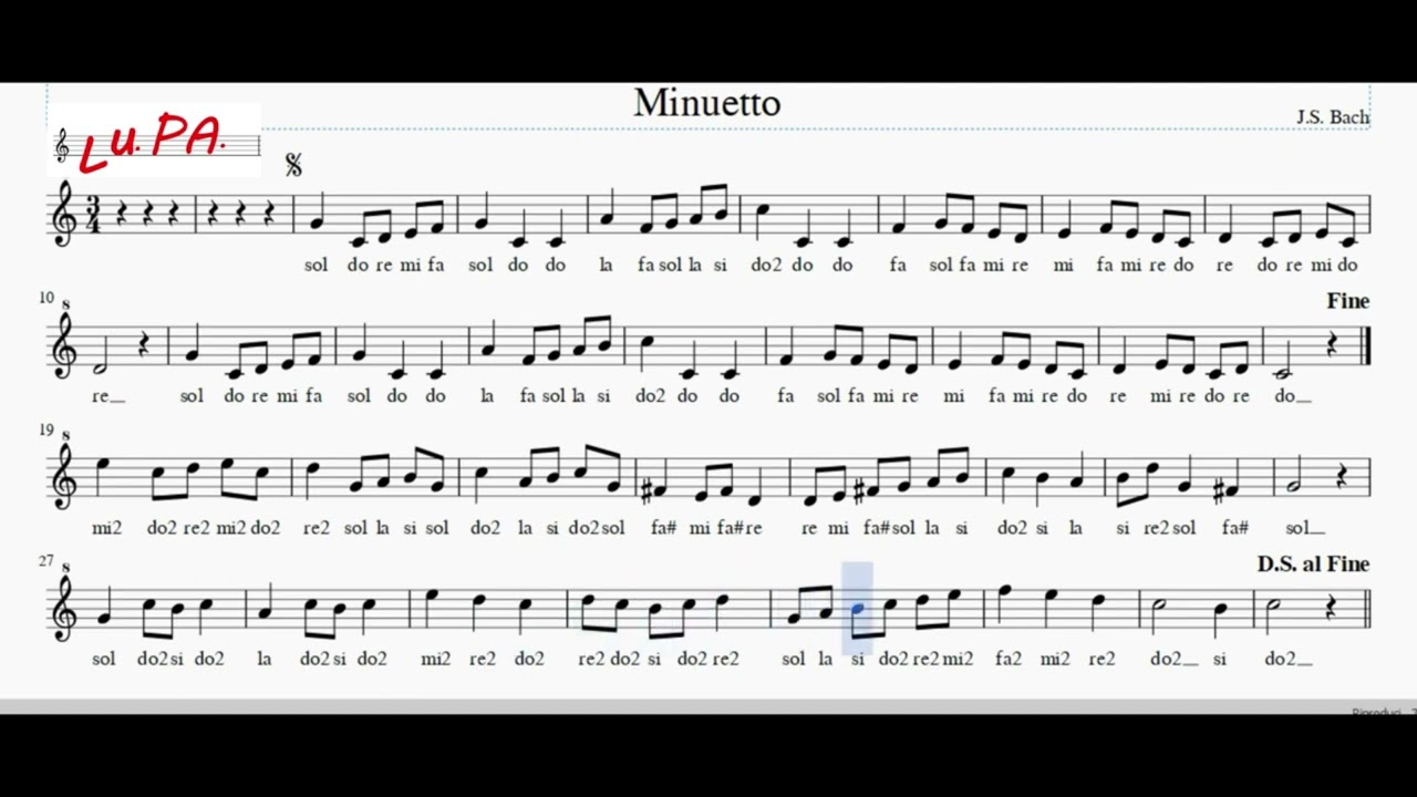 Minuetto di J.S. Bach - Flauto dolce - Note - Spartito - Karaoke - Recorder - Instrumental