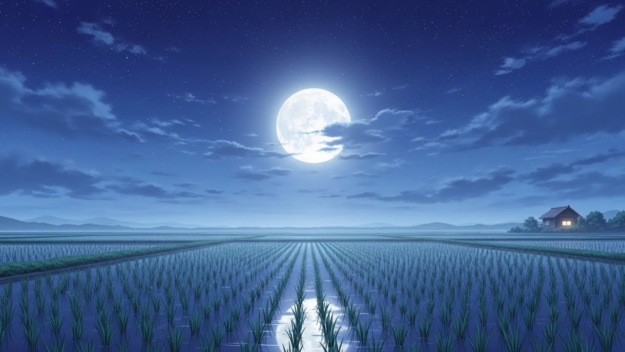 Chill Lofi Lunar Breeze Shimmering Above Peaceful Rice Terraces Carrying Warm Drifting Calm