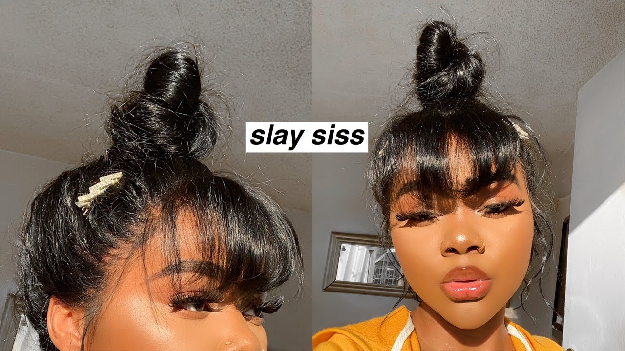 EASY messy bun + bangs tutorial on a lace frontal wig ft. Evawigs ♡