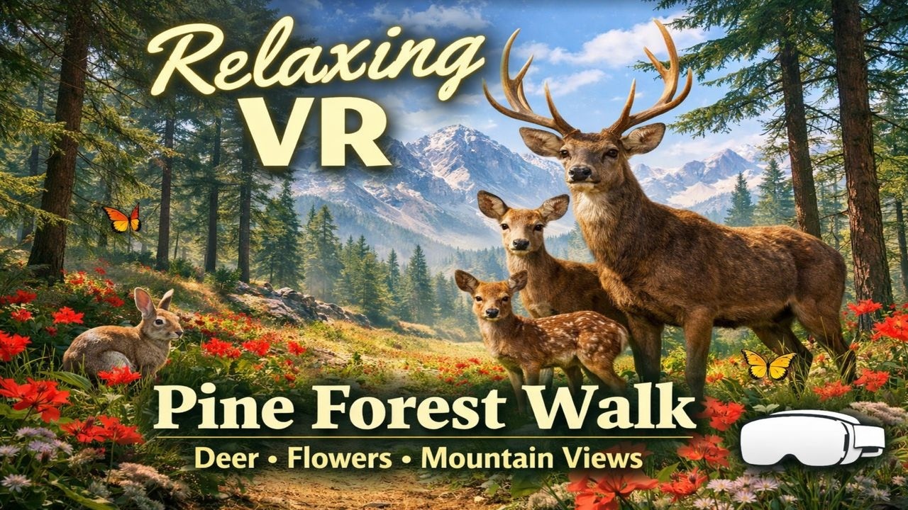Relaxing VR Pine Forest Walk 🌲 Deer, Flowers & Mountain Views  Calm Nature Ambience