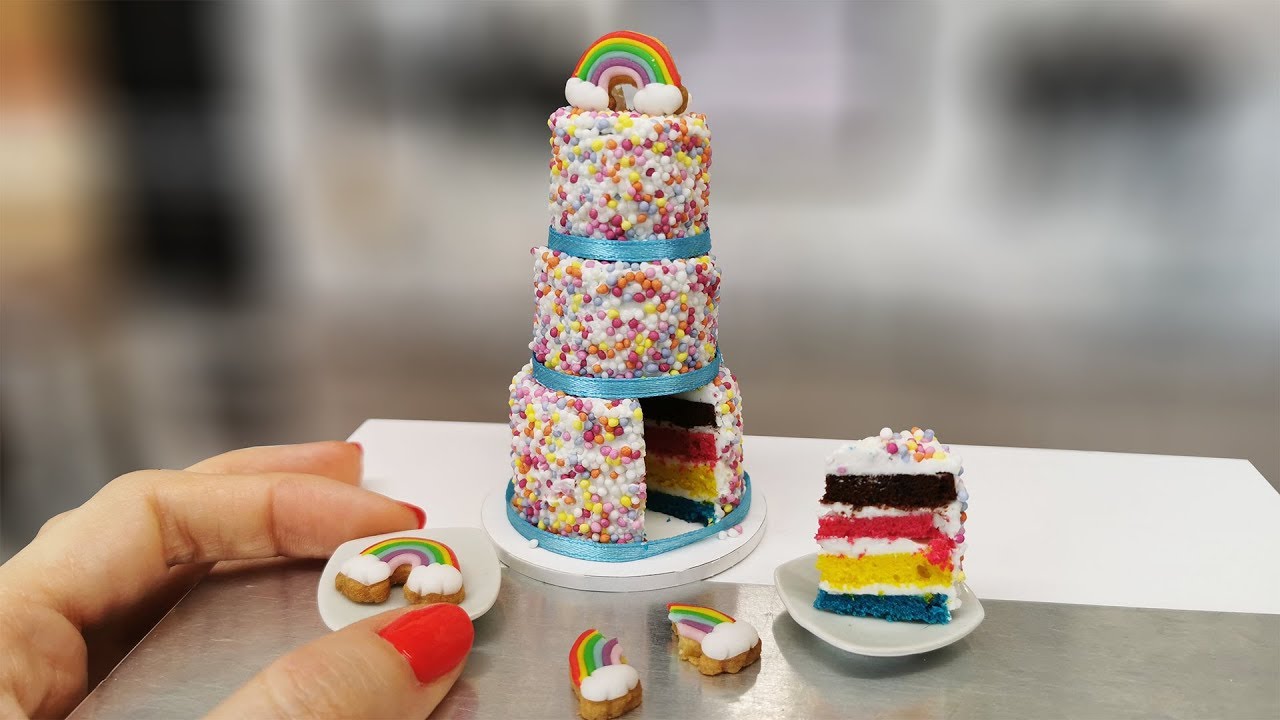 REAL, but mini colorful RAINBOW - UNICORN cake with sprinkles sugar/rainbow cookies/