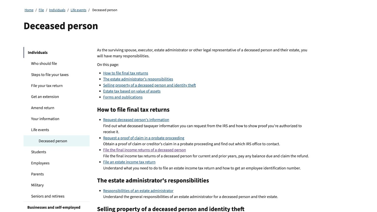 What does the IRS website say about taxes for a deceased person?