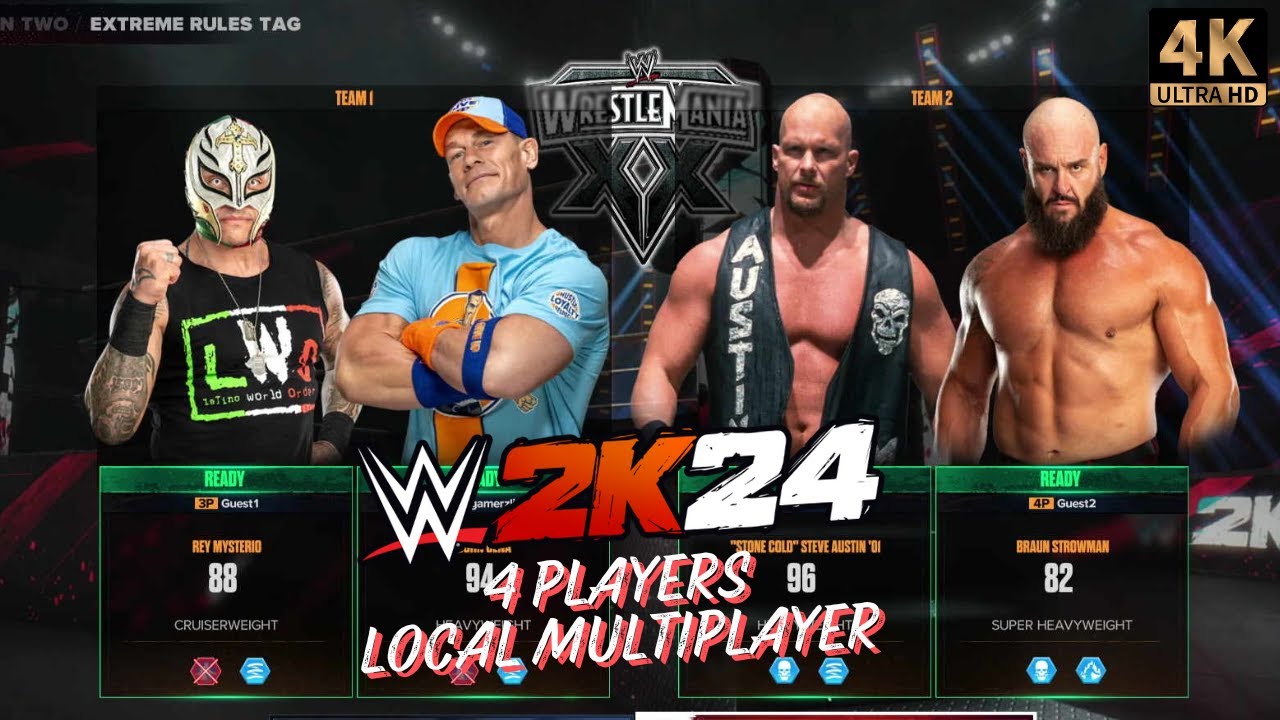 WWE 2K24 (4 Players Local Multiplayer) | (John Cena & Rey Mysterio) vs (Stone Cold & Braun Strawman)