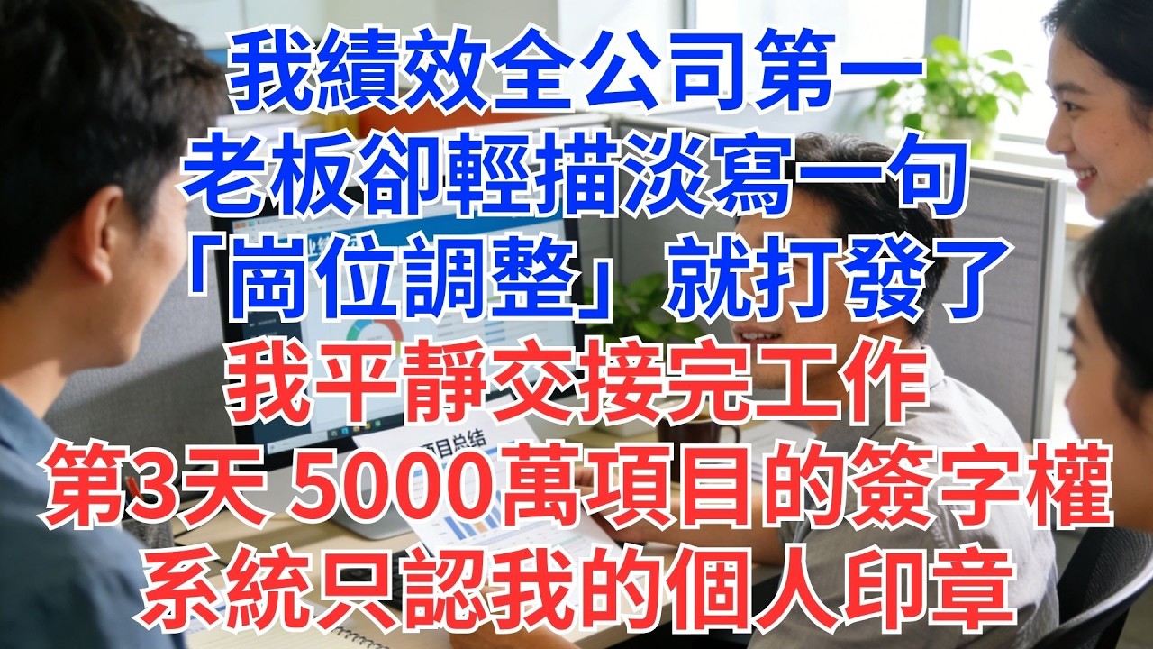 我績效全司第一，老闆一句「崗位調整」就想打發？我平靜交接…第三天，5000萬專案簽字權，只認我的個人印章！#為人處世#生活經驗#情感故事#职场