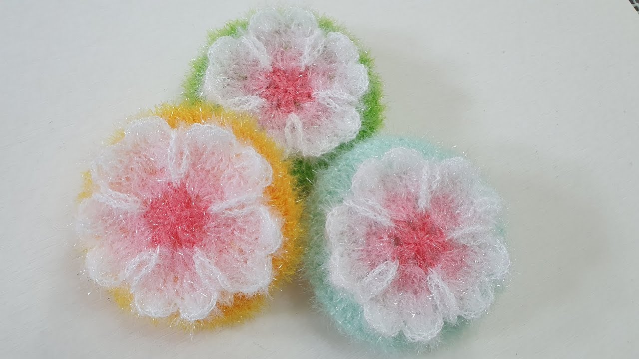 코바늘 수세미/ 벚꽃 호빵수세미  Crochet Flower  Dish Scrubber