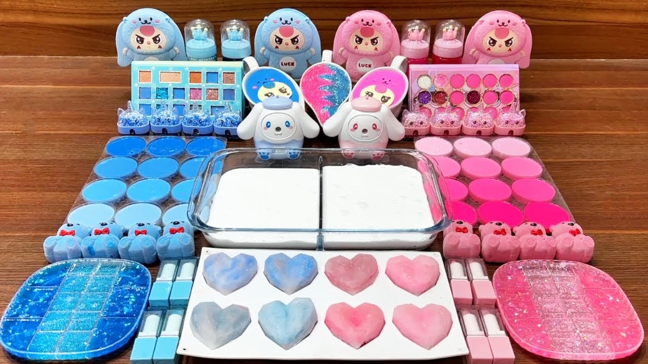 Slime mixing ASMR: Pink vs Blue glossy slime pops and swirls #74