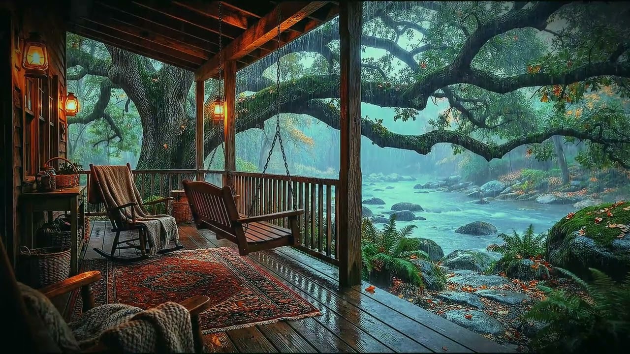8 HOURS Heavy Rain on a Cozy Cabin Porch (River View) | Deep Sleep ASMR White Noise (No Music)