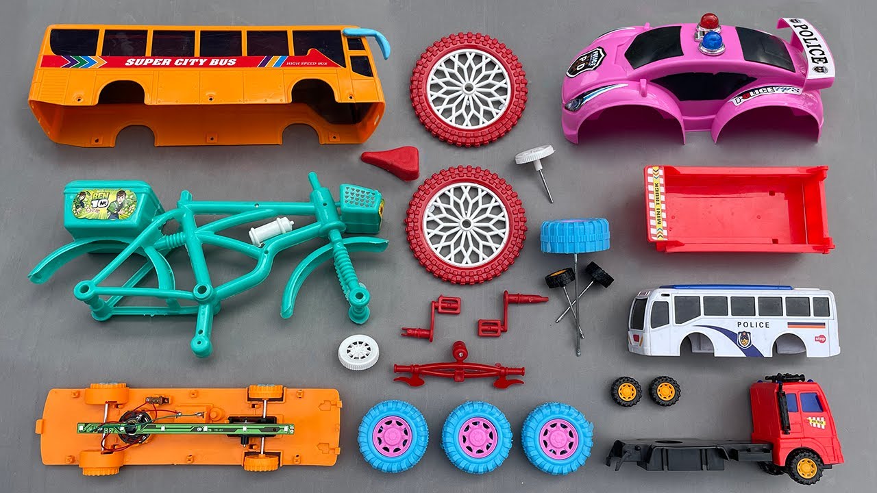 city bus, bicycle, dumper truck, police bus, police car | chotu dada ka satisfying vehicle assemble