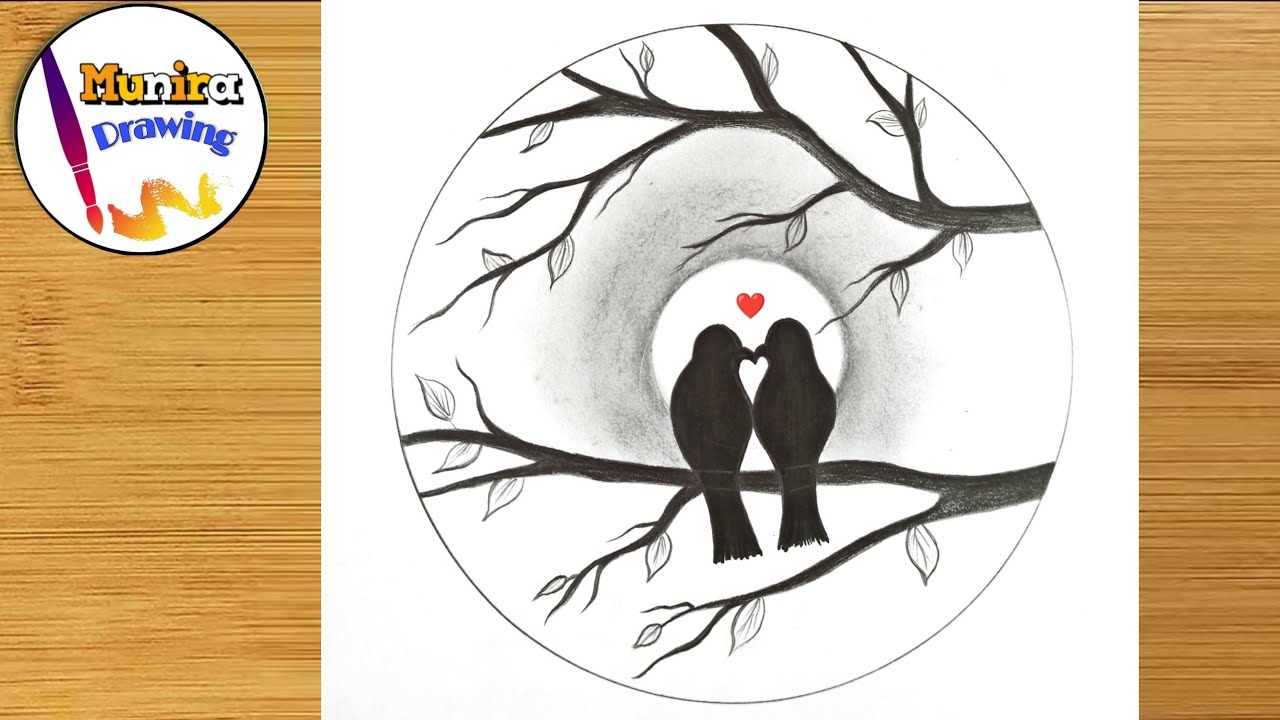 Easy Circle Scenery Drawing || Love Birds Scenery Drawing || pencil sketch for beginners