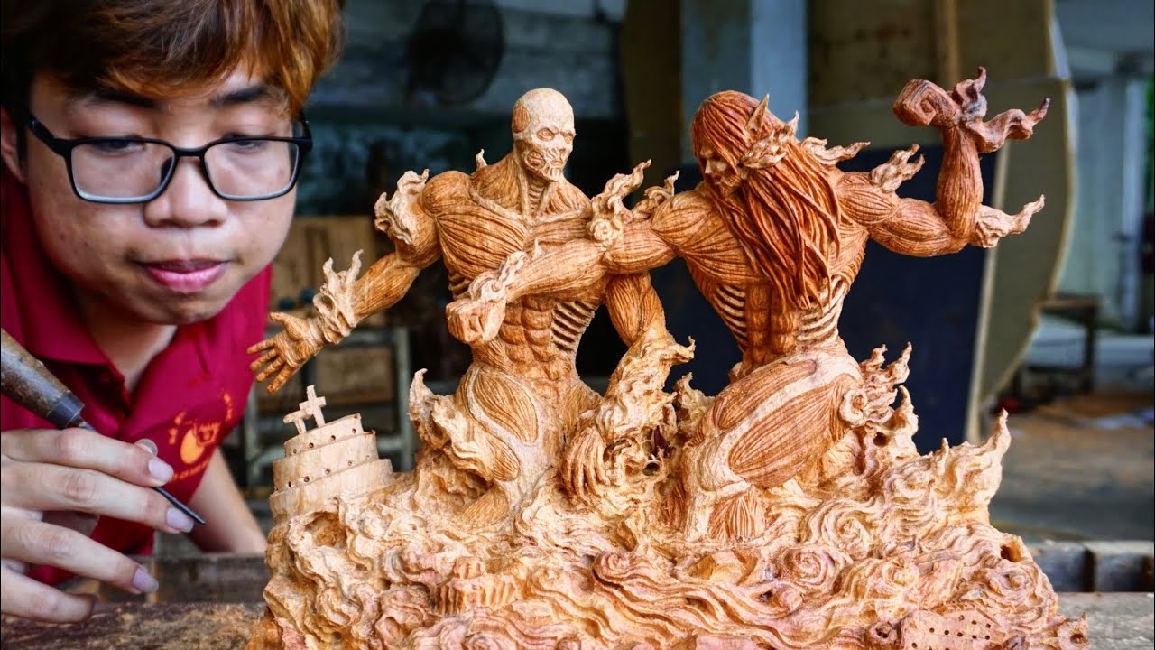 Attack On Titan: EREN Founding Titan FINAL FORM vs ARMIN Colossal Titan - Wood Carving [ 進撃の巨人]