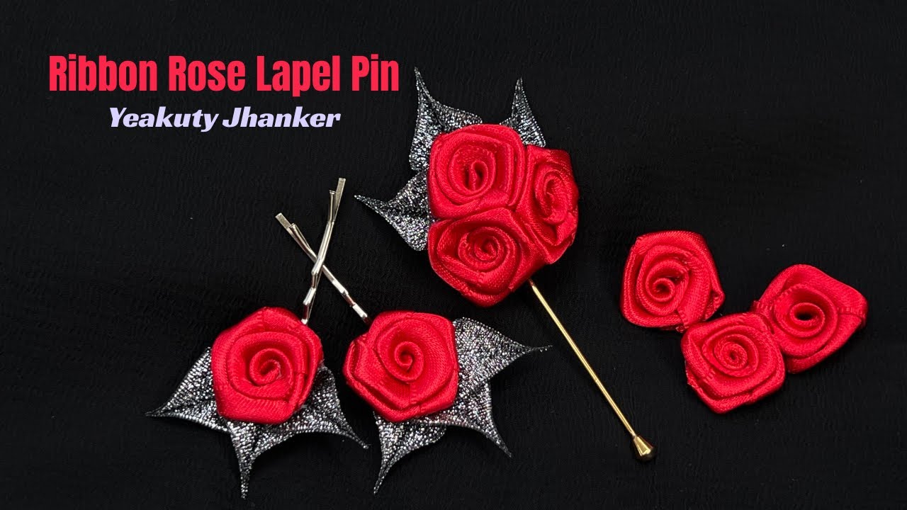 DIY Ribbon Rose Lapel Pin with Red Satin Ribbon. Easy Step-by-Step Tutorial.