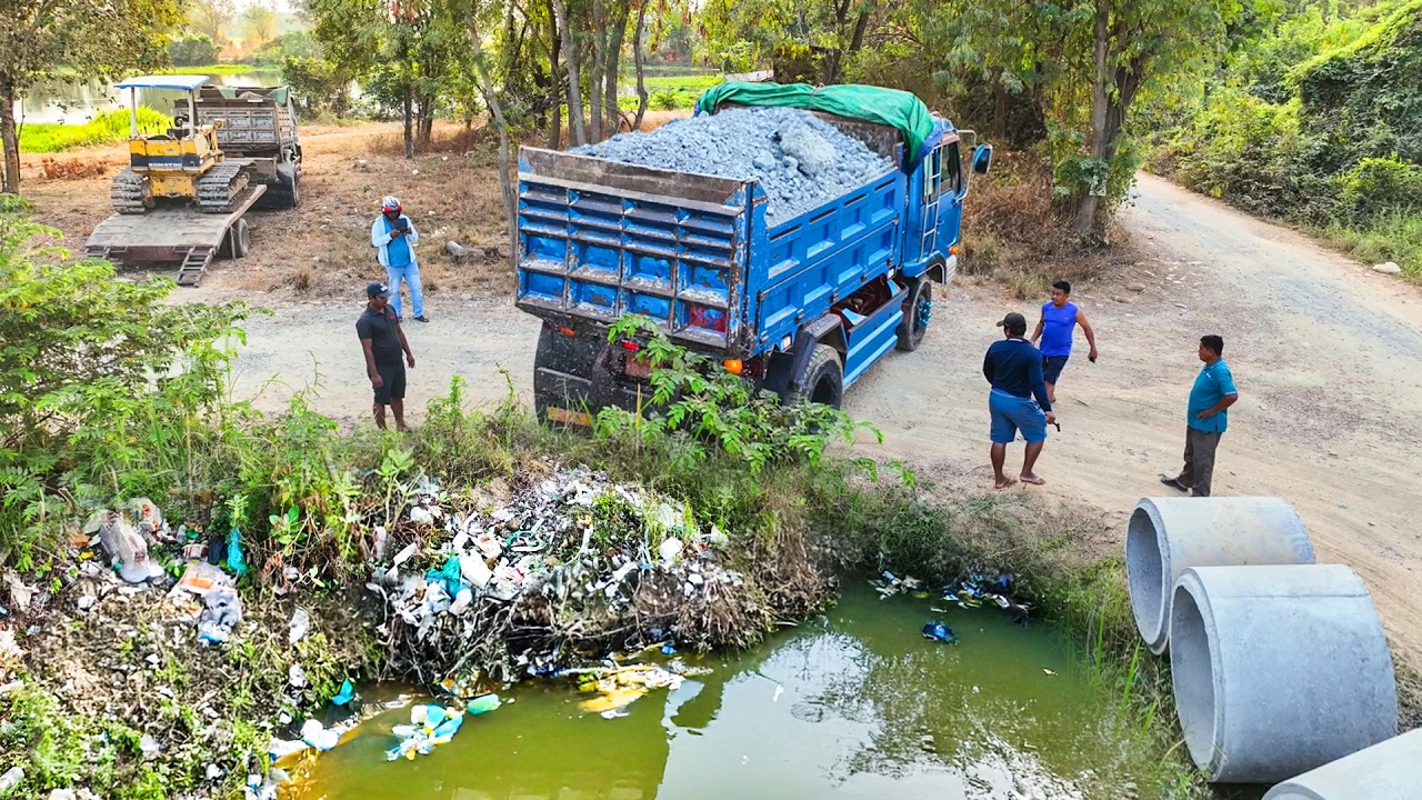 First Opening​ Amazing Project!! Landfill Rock Soil Into Deep Canal Using Skill Dozer & 5t Truck