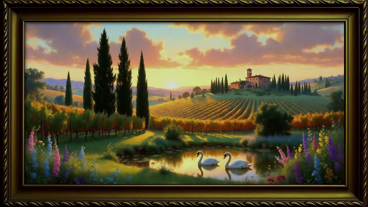 Tuscany Sunset Swans Oil Painting | Gold Frame 4K Frame TV Art | Relaxing Screensaver & Home Decor