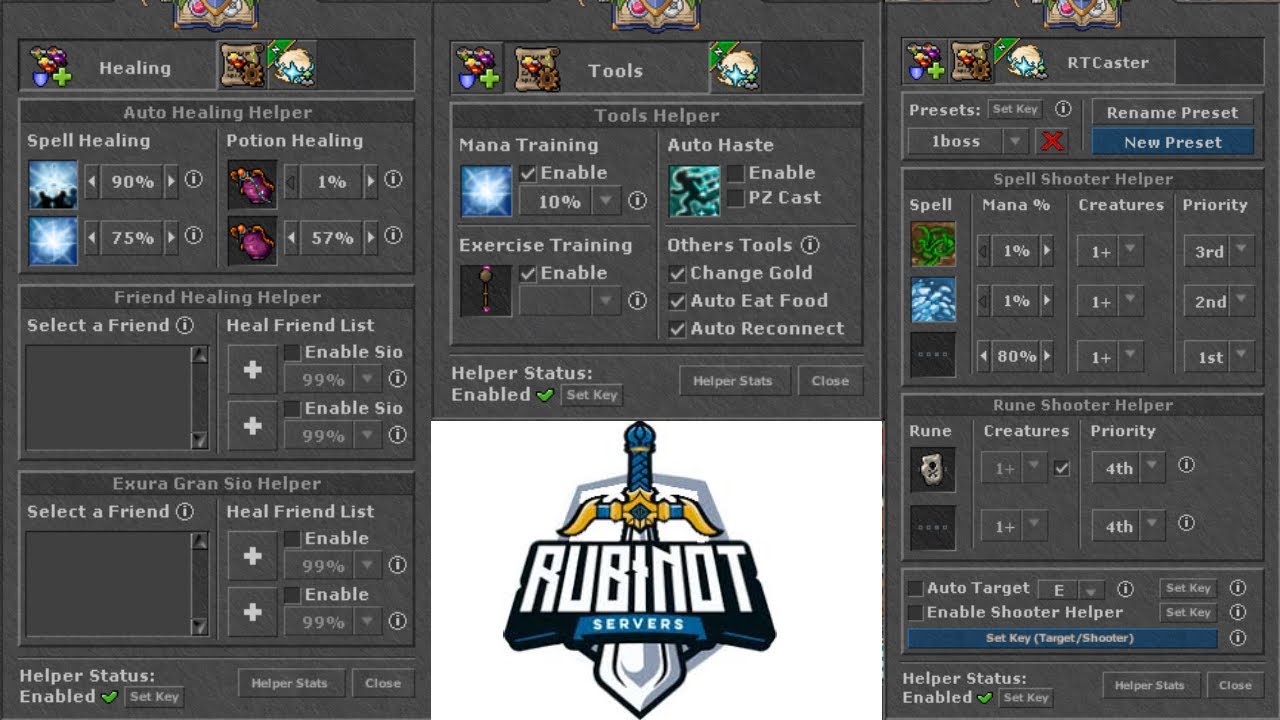 [TUTORIAL] Como Configurar seu RTC no RubinOT (Healing, Treino, Sio, Mana, Potion, Preset)