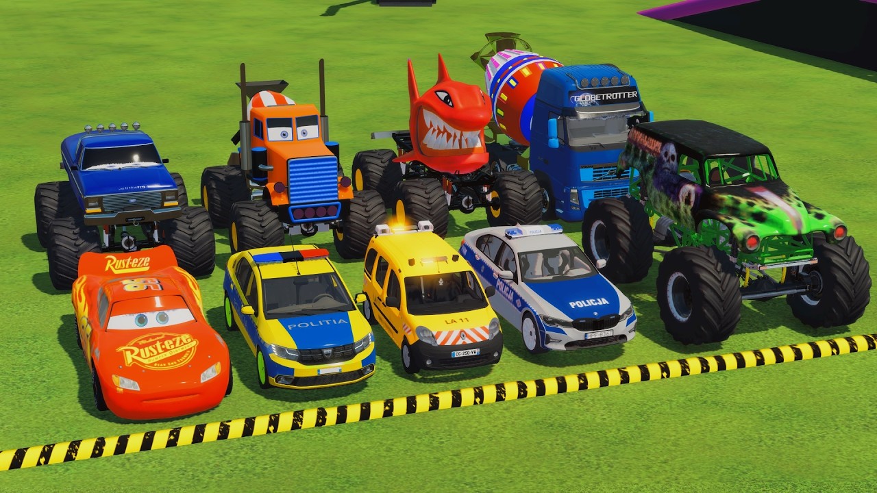 TRANSPORTING POLICE CARS, MONSTER TRUCK, FIRE TRUCK, COLORFUL CARS WITH TRAIN - FS22 #237