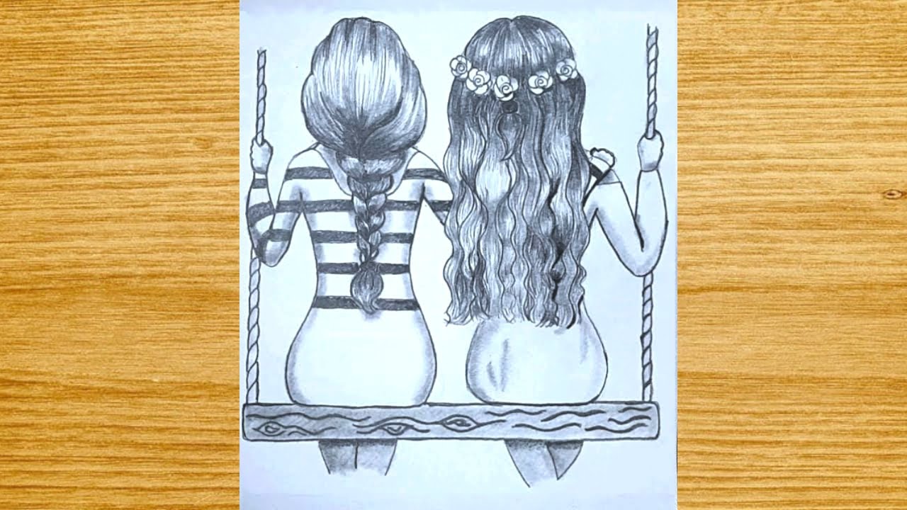How to draw Best friends sitting together step by step | Pencil Sketch Tutorial