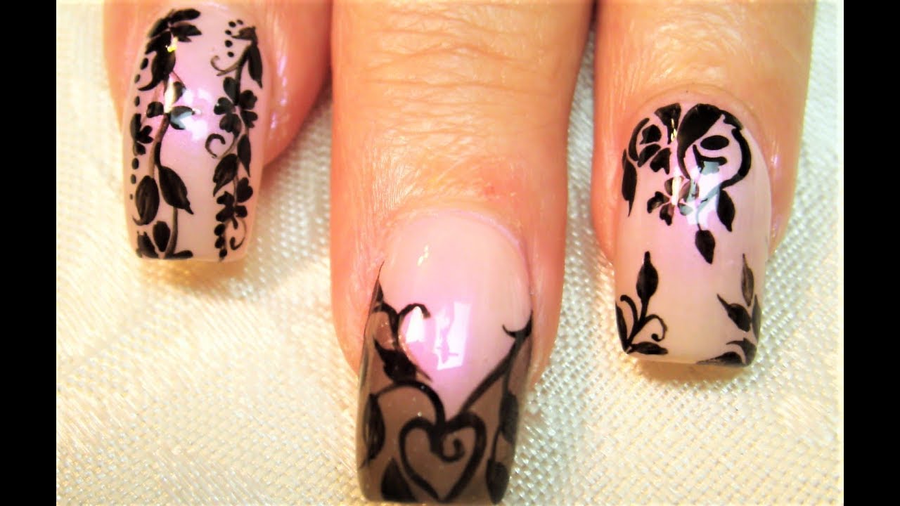 Sheer Black Lace Nails | Easy Smokey Chevron and Flower Nail Art Design