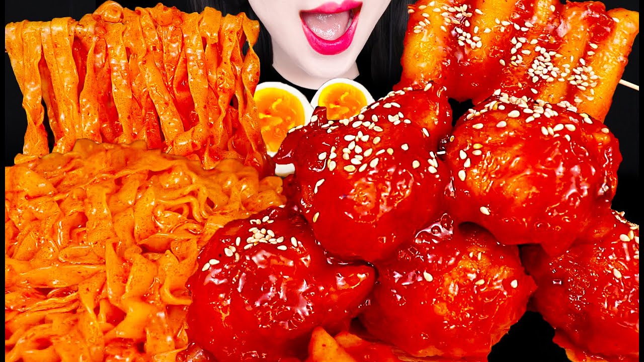 ASMR Fried Chicken, Spicy Noodles 배홍동 칼빔면 양념치킨 먹방 Mukbang, Eating