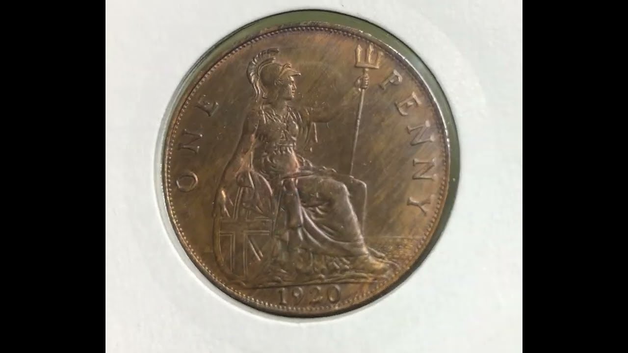 1920 UK 1 penny of George V, Ghosting & Rainbow Luster, BY