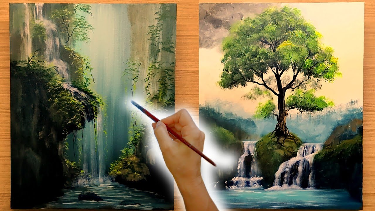 2 Ideias to Paint Landscape with Walterfalls /Timelapse / Acrylic Painting