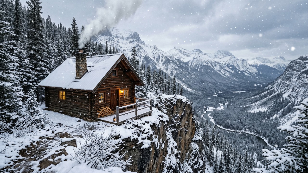 ❄️ Cozy Cabin Relax Lounge ❄️ - Soft Piano Music With Snow Fall And Snowy Log Cabin  - 1 Hour Music
