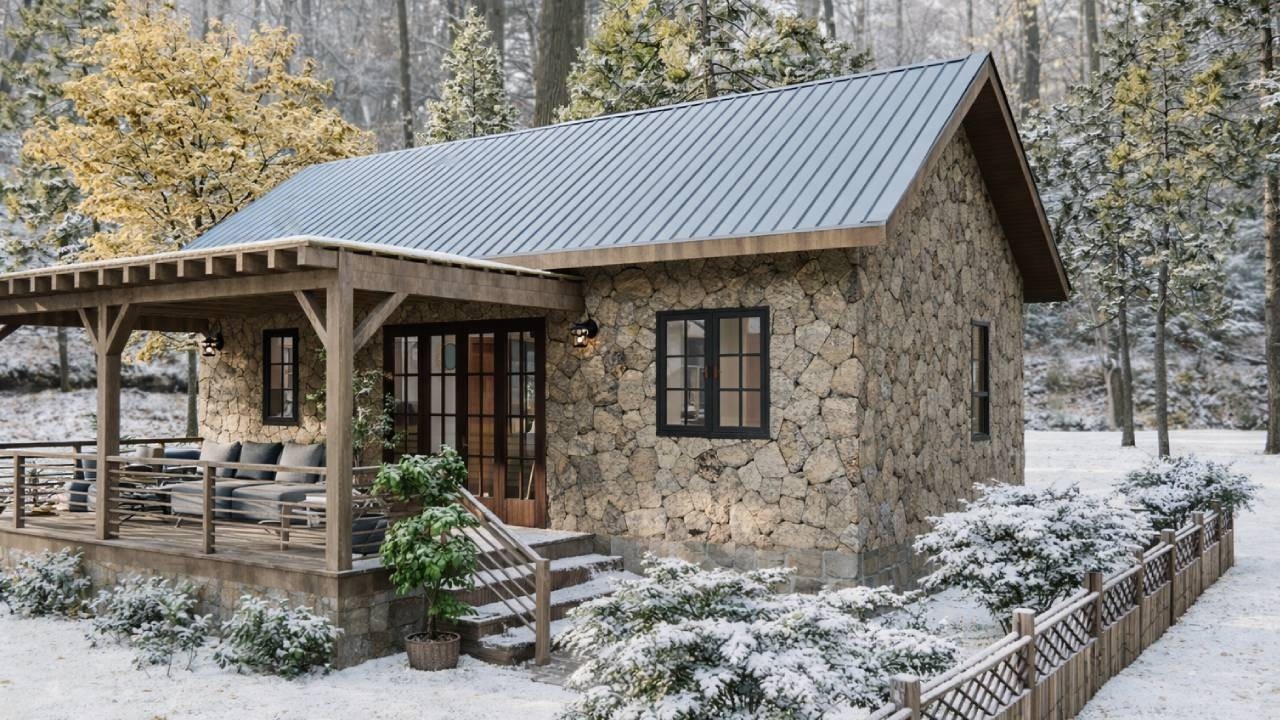 Modern Rustic Stone House and Covered Deck Porch | Tiny Home Concepts
