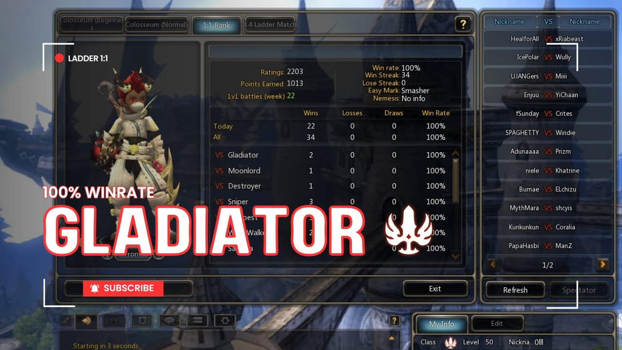 Gladiator PvP Ladder Winrate 100% ~ Dragon Nest Classic