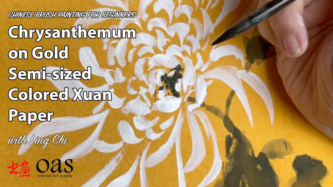 White Chrysanthemum on New Gold Semi-Sized Colored Xuan Paper: Chinese Brush Painting for Beginners